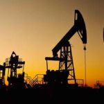 Oil polygon area with black contours of nodding donkeys on agricultural field. Air and ground pollution