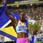 Saint Lucia's Julien Alfred celebrates winning the women's 200m final during the World Athletics Diamond League athletics meeting at the King Baudouin Stadium in Brussels, on September 4, 2026. (Photo by JOHN THYS / AFP)